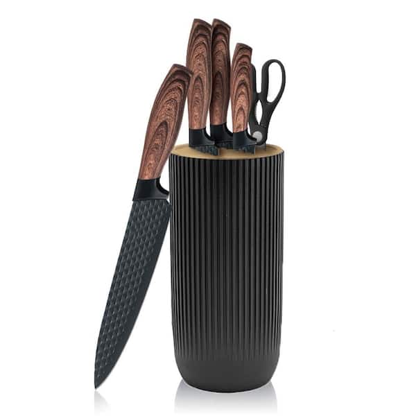 Numhew 6-Piece Anti-Rust Non-stick Stainless Steel Kitchen Knife Set with Knife Block, Black