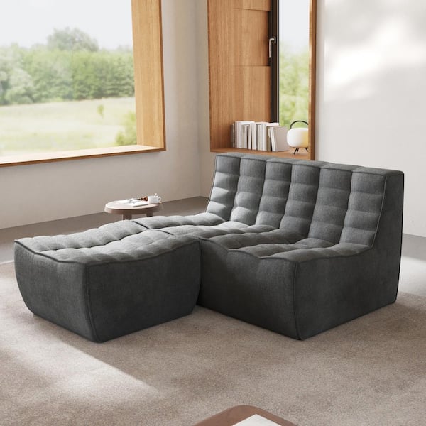 J&E Home 55.12 in. W Armless Linen Polyester Waffle Modular Reclining Sofa in. Black with Ottoman