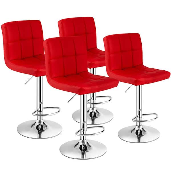 Gymax 46 in. PU Leather Bar Stool Low Back Metal Swivel Bar Chair w/ Adjustable Height Red (Set of 4)