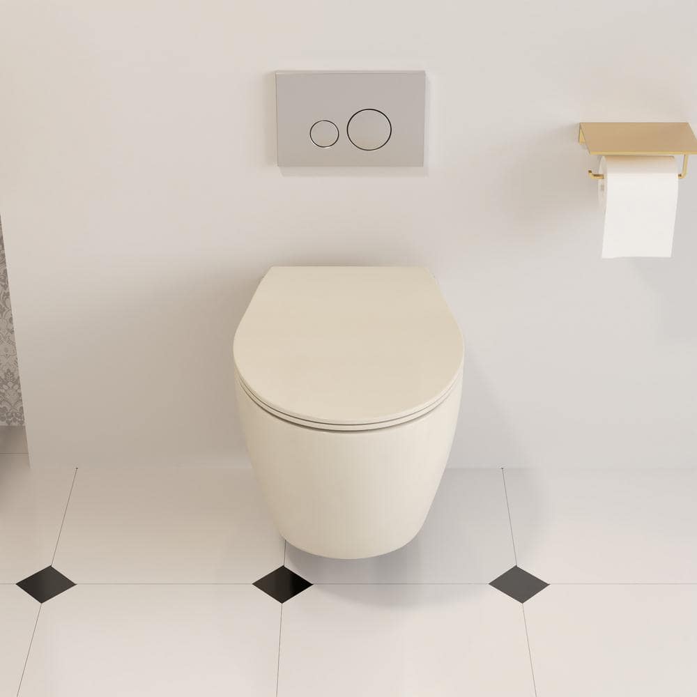 Beige Ceramic Wall-Hung Elongated Toilet with Slow-Close Seat