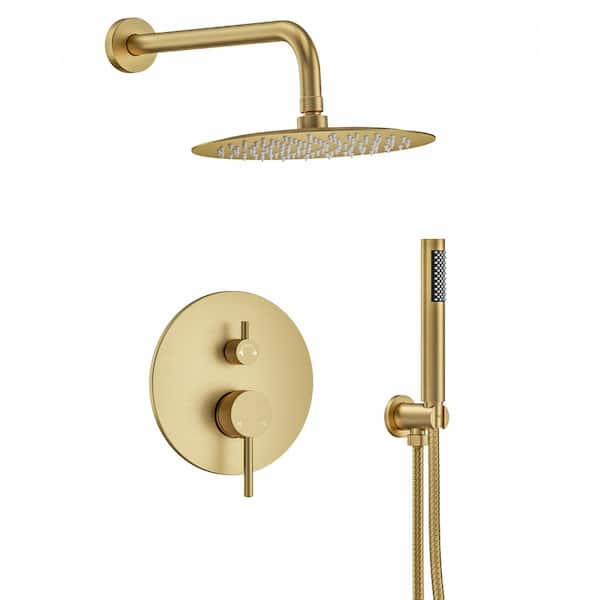 YAWWALK Single Handle 10 in. Round Wall Mount 2-Spray Shower Faucet with Pressure Balance Valve in Brushed Gold