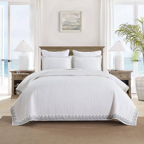 TC134 White Floral Embroidery King Cotton Quilt Bedspreads Set