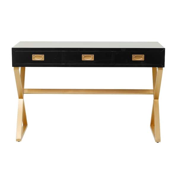 Litton Lane 20 in. Rectangle Black Wood 3 Drawers Computer Desk with Outlet
