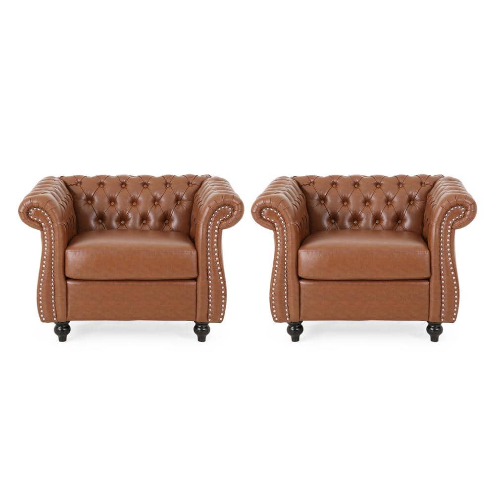Chesterfield Brown Faux Leather Accent Chair with Birch Wood Legs