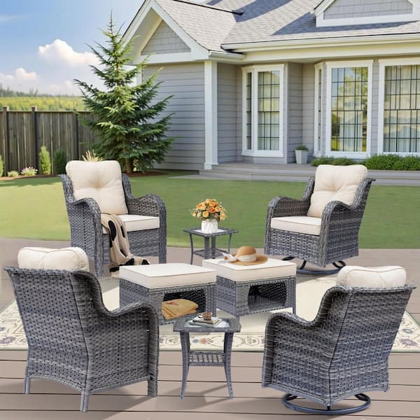 Gray 8-Piece Wicker Patio Conversation Set Outdoor Lounge Chair Swivel Rockers Ottoman Side Table with Beige Cushion