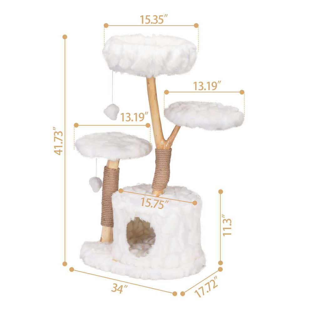 Natural Branch and White Plush 42" Cat Tree Tower with Scratching Posts