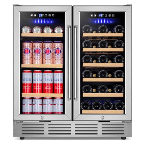 SOZT 30.31 in. Dual Zone 30-Bottle Wine and 80-Cans Beverage and Wine Cooler in Stainless Steel with Blue LED Lights, 2-Locks