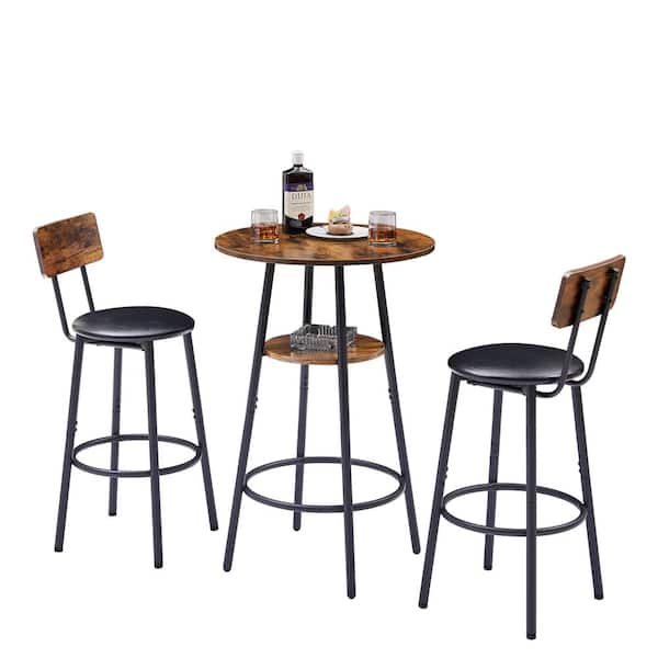 Huluwat 13.6 in. Rustic Brown Low Back Metal Frame Bar Stool with Round Bar (Set of 3)