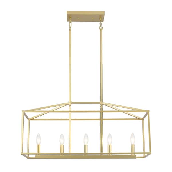 31.1 in. 5-Light Gold Farmhouse Linear Kitchen Island Chandelier with Caged Metal Shade