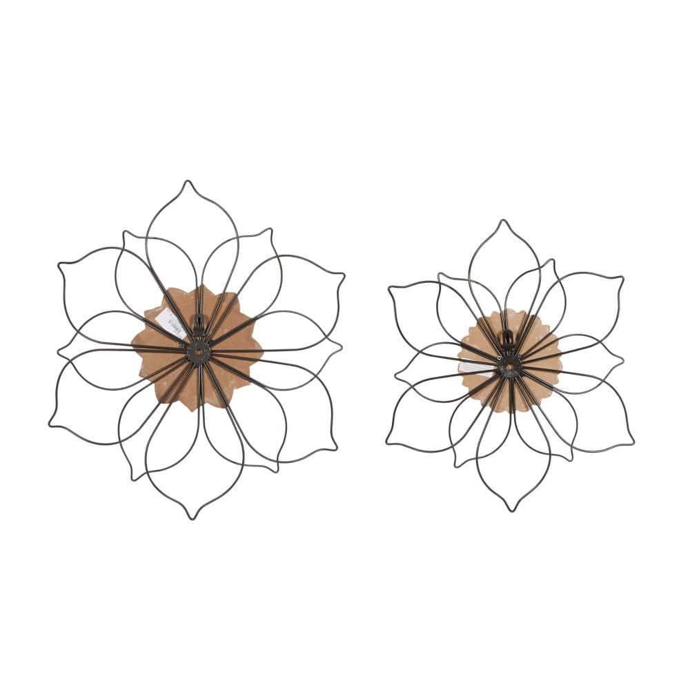 Elegant Black Metal and Wood Floral Wall Decor Set of 2