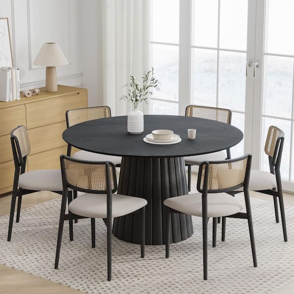 52 in. Black Oak Wood Column Pedestal Round Kitchen Table Dining Table Seats 4