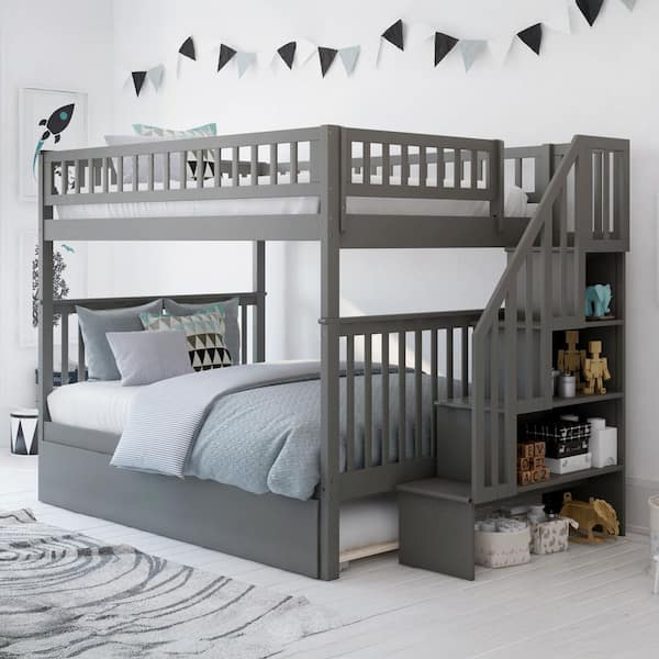 AFI Woodland Staircase Bunk Bed Grey Full over Full with Full Urban Trundle Bed