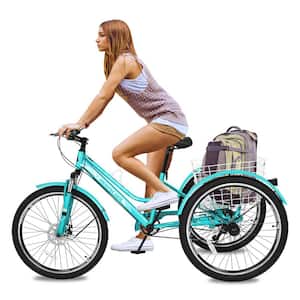 24 in. Adults Trikes with Shopping Basket, Adult Mountain Bike, 7-Speed 3-Wheel Bike Mountain Tricycle Cruiser Trike