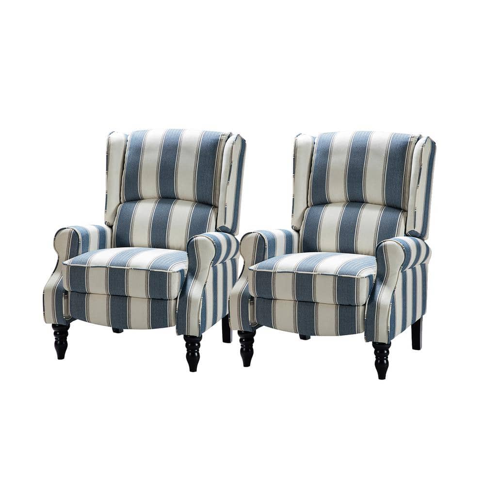 Stripe Navy Ergonomic Wingback Recliner Set with Wood Legs