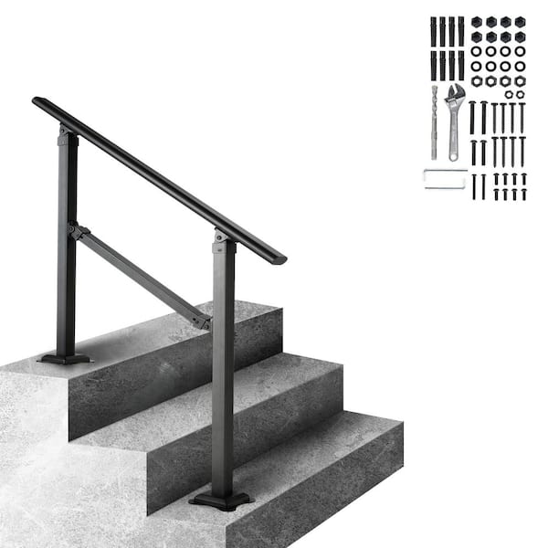 VEVOR 1-4 Steps Outdoor Stair Handrail, Adjustable from 0 to 50 degrees  Exterior Stair Railing, Transitional Wrought Iron Handrail, Handrails for  Concrete Steps with Installation Kit, Matte Black 