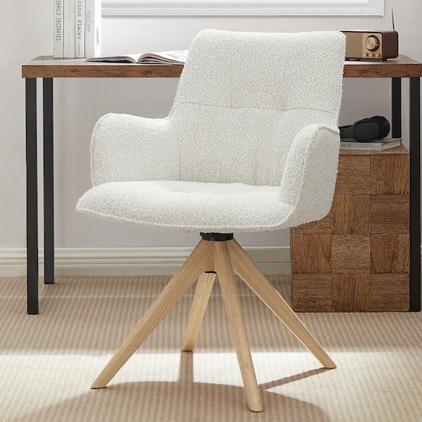 Art Leon Appolo Modern Cute Off White Fabric Swivel Accent Side Chair with Oak Legs