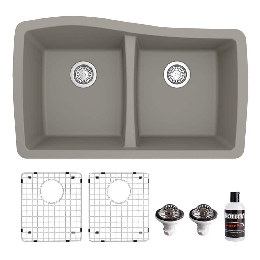 Concrete Gray Double Bowl Farmhouse Quartz Kitchen Sink Kit