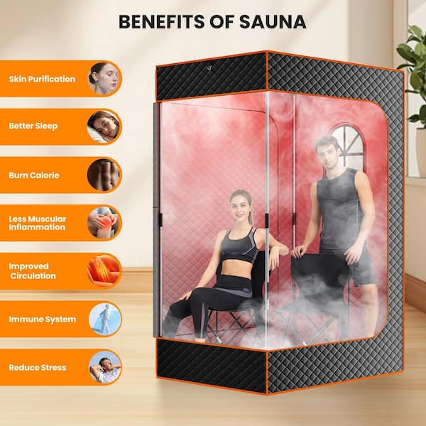 2-Person Infrared Sauna Box with 2-Steamers and 2-Folding Chairs, 3-Windows Red Light Therapy Tent with 2 Therapy Lamps