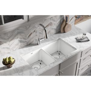 Quartz Classic  33in. Undermount 2 Bowl  White Granite/Quartz Composite Sink w/ Accessories