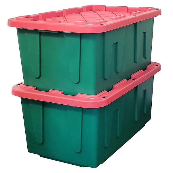 HOMZ 18 Gallon Heavy Duty Plastic Holiday Storage Totes, Green/Red