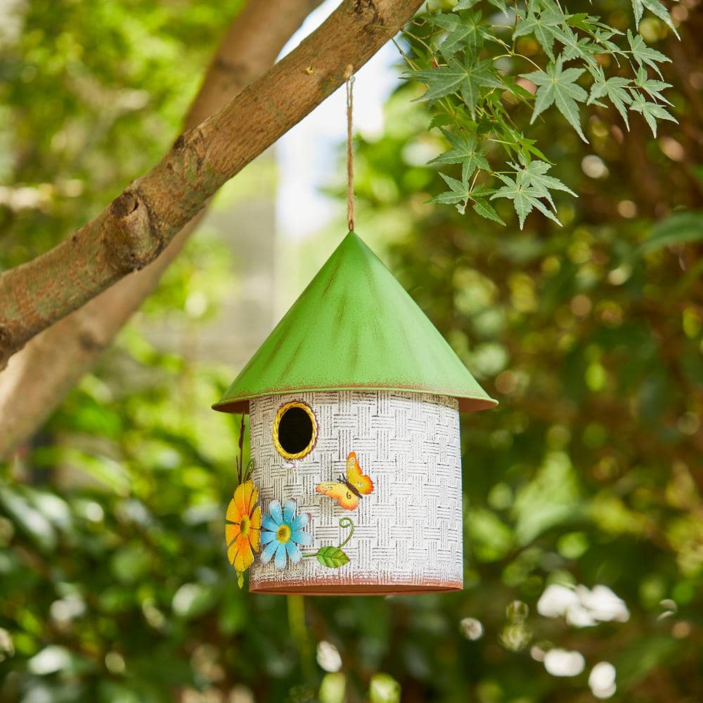 Distressed Metal Cottage Birdhouse with 3D Flowers and Butterfly