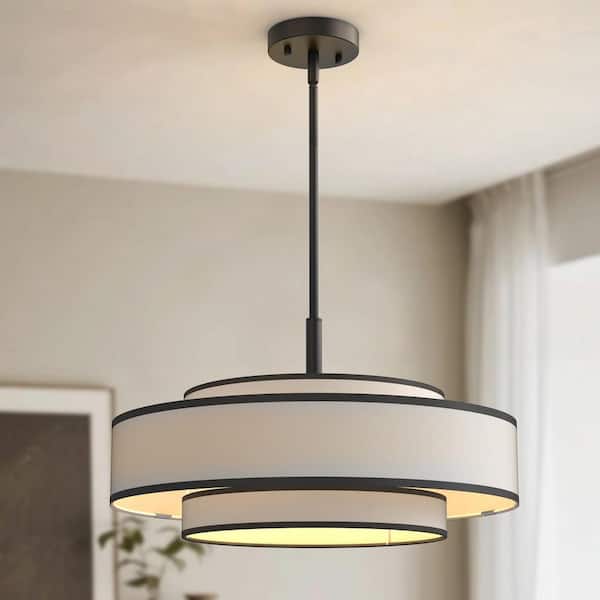 20 in. 5-Light Black Drum Chandelier with White Linen Shade, Modern Farmhouse Pendant Light for Dining Room, Kitchen