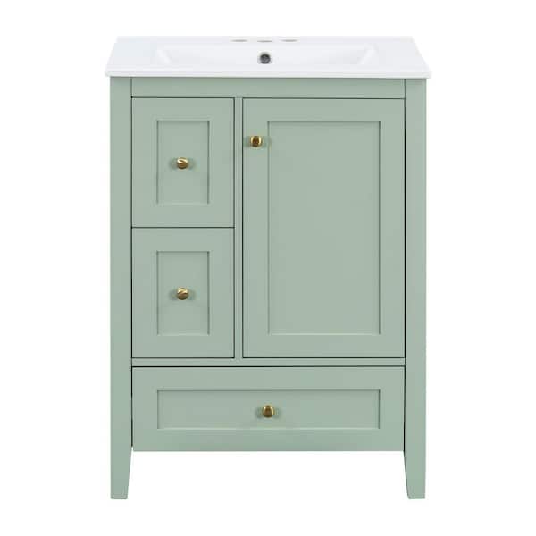 24 in. Single Sink Freestanding Green Bath Vanity with White Ceramic Top, 3-Drawers, Adjustable Shelf