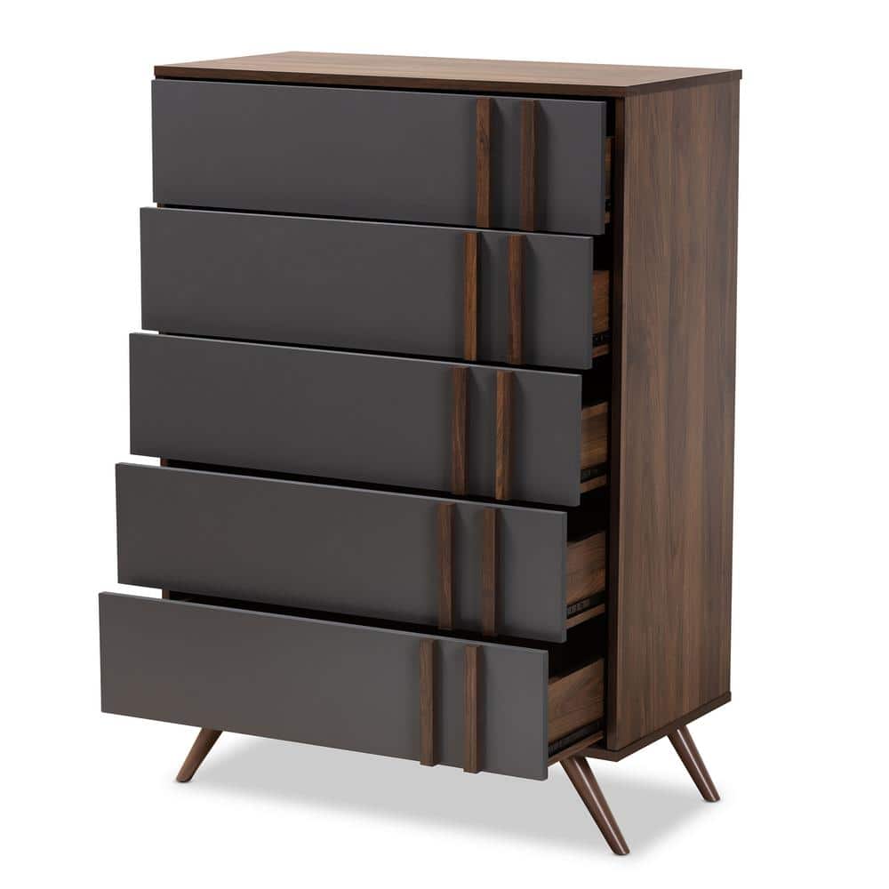 Retro Naoki 5-Drawer Chest in Two-Tone Gray and Walnut