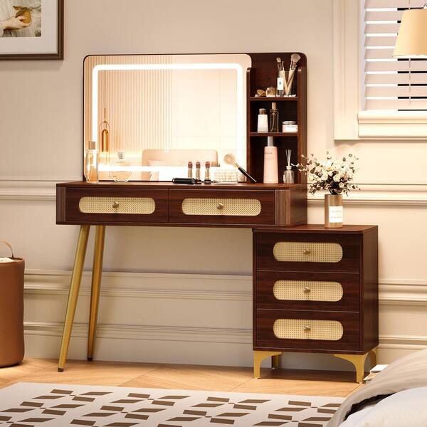 dressing table brown colour Vintage 47 in. Makeup Vanity with Mirror, 3-Color Modes Light, 5-Drawers and Storage Shelf Size:8yr layer solid wood plywood couture dress Black and Royal Blue