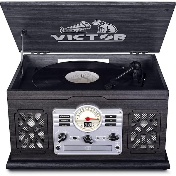 Victrola VTA-600B-WHT Giradischi Bluetooth 8-in-1 Con Vinile 33/45/78, CD, Cassetta E Radio - Centro Di Intrattenimento In Legno Bianco