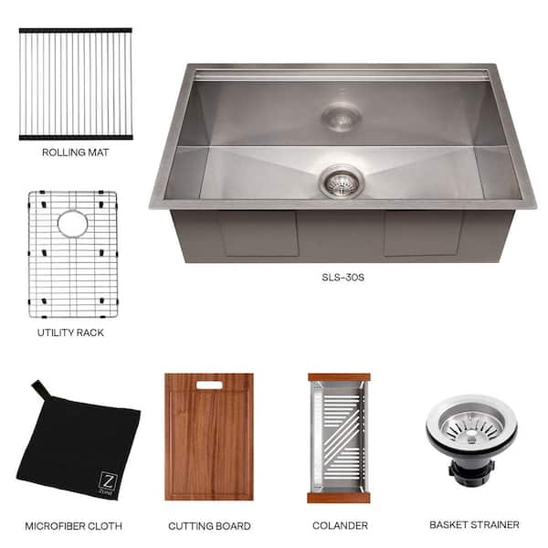 30 in. Garmisch Undermount Single Bowl Satin Stainless Steel Kitchen Sink with Bottom Grid and Accessories