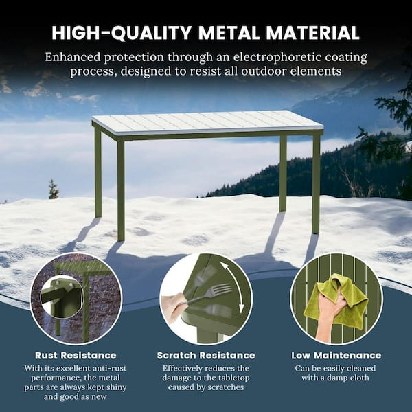 FrondandForm Modern Outdoor Patio 7-Piece Rectangular Iron Dining Set w/ Plastic Stackable Chairs, Olive Green
