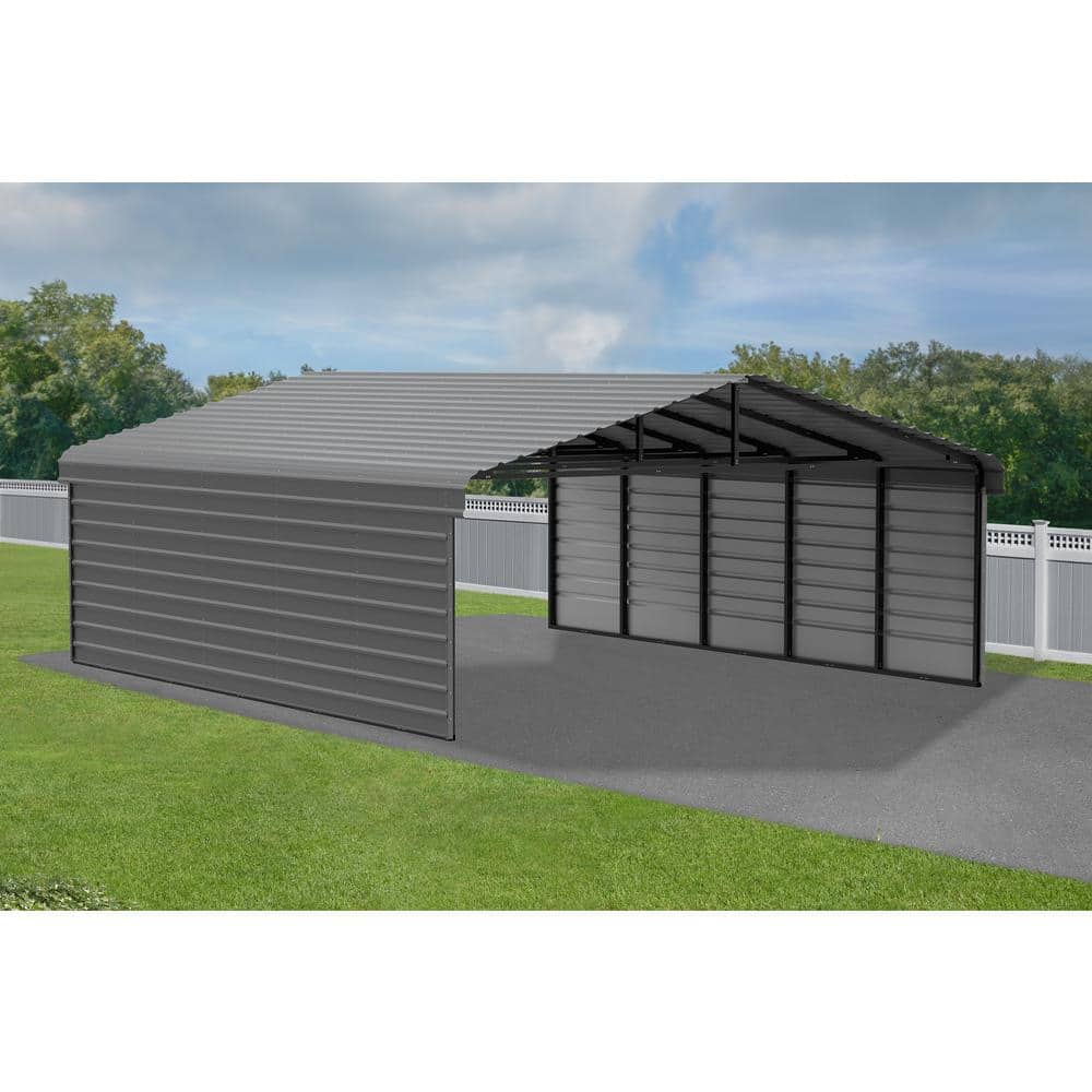 Charcoal Galvanized Steel Carport Kit with 2-Sided Enclosure, 20' x 24' x 9'
