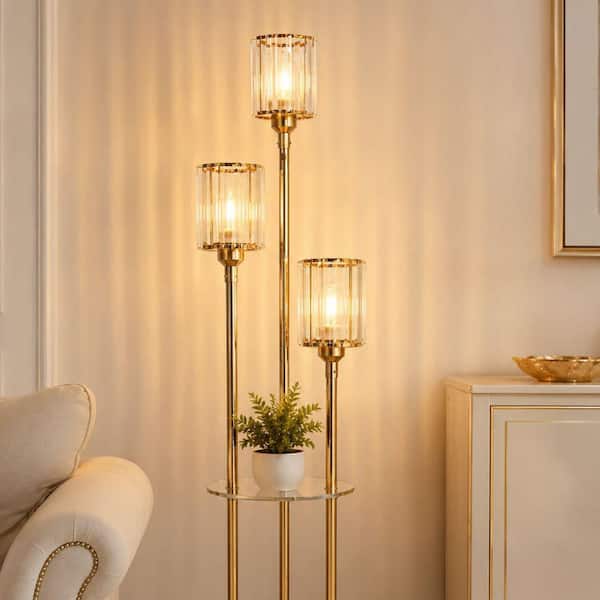 66.4 in. Antique Brass 3-Light Standard Floor Lamp with Cylinder Crystal Strips Shade E26 for Living Room Bedroom