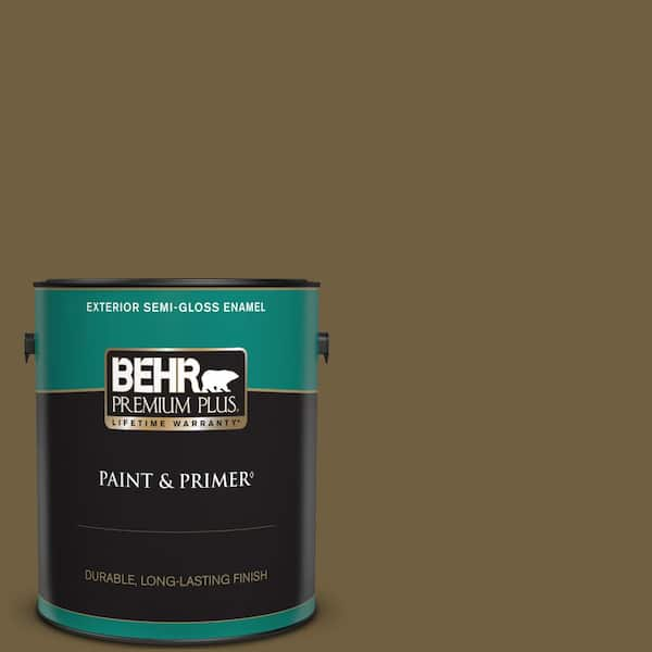 BEHR PREMIUM PLUS 1 gal. #360F-7 Olive Shadow Semi-Gloss Enamel Exterior Paint & Primer