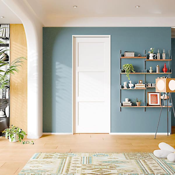 30 in. x 80 in. 3-Panel Right-Handed Solid Core White MDF Wood Single Prehung Interior Door with Door Jamb Hardware Kit