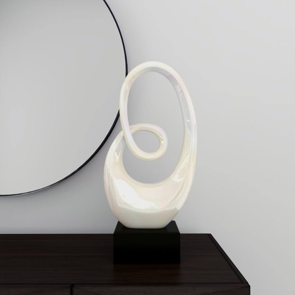 21" White Ceramic Swirl Abstract Sculpture with Black Base