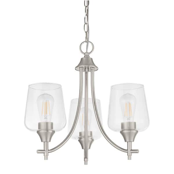 Hampton Bay Pavlen 18 in. 3-Light Brushed Nickel Chandelier with Clear Glass Shades