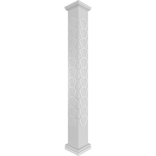 Ekena Millwork 7-5/8 in. x 10 ft. Premium Square Non-Tapered Coastal Fretwork PVC Column Wrap Kit w/Tuscan Capital and Base