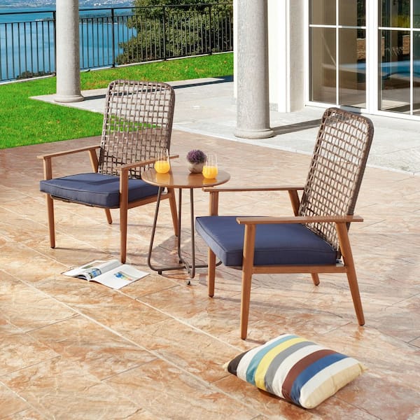 3-Piece Metal Patio Conversation Set with Blue Cushions