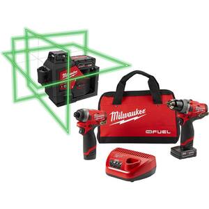 M12 12-Volt Lithium-Ion Cordless Green 250 ft. 3-Plane Laser Level Kit with M12 FUEL Hammer Drill and Impact Driver Kit