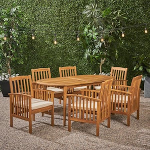 Casa Acacia Teak Brown 7-Piece Acacia Wood Oval Table with Straight Legs Outdoor Patio Dining Set with Cream Cushions