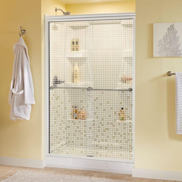Delta Crestfield 48 in. x 70 in. Semi-Frameless Traditional Sliding Shower Door in White and Nickel with Mozaic Glass
