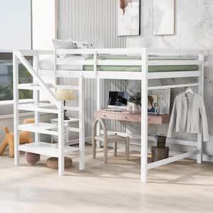 White Full Size Loft Bed with Built-in Storage Staircase and Hanger for Clothes