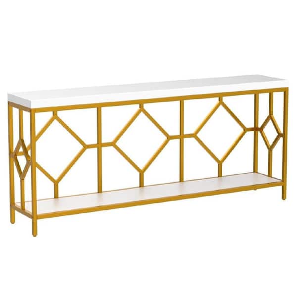 BYBLIGHT Turrella 70.9 in. WhiteandGold Extra Long Rectangle Wood Console Table Behind Couch Table with Storage Shelves 2-Tier