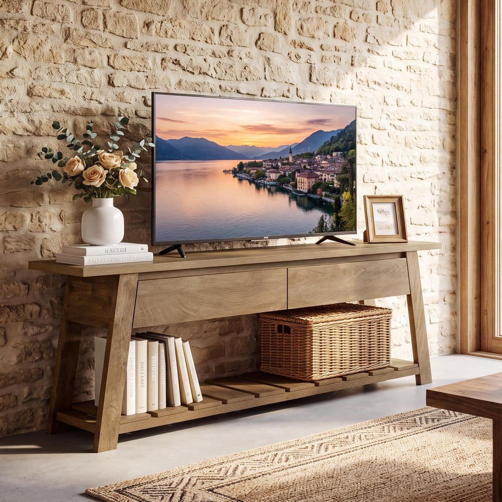 Ezlynn Oak Brown 63 in. Long TV Stand with Storage, TV Console with Drawers and Slatted Shelf Fits TV's up to 70 in.