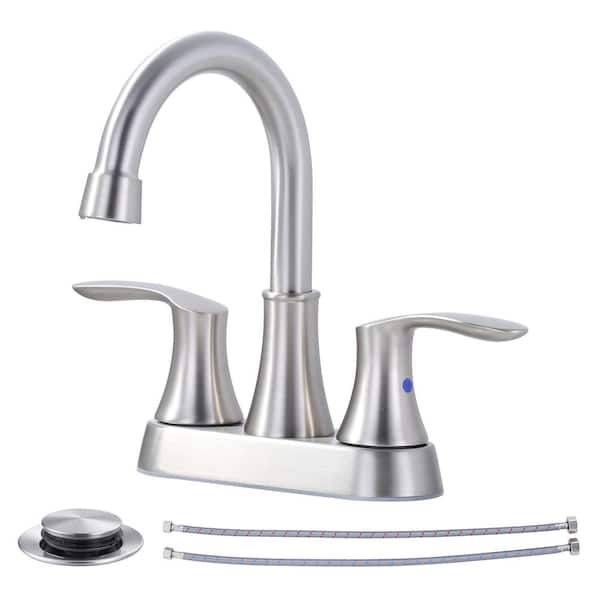 WOWOW 4 in. Centerset Double Handle High Arc Bathroom Faucet with Drain Kit Included in Brushed Nickel