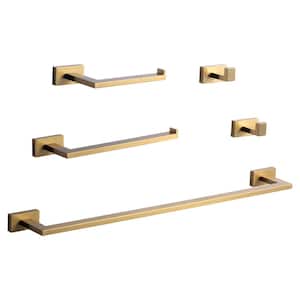 5-Piece Bath Hardware Set with Towel Bar, 2-Robe Hook and Double Toilet Paper Holder in Brushed Gold