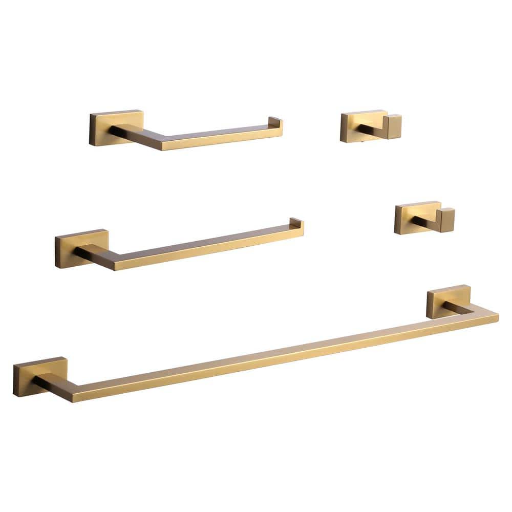 Stainless Steel 5-Piece Square Bath Hardware Set with 2-Towel Bars,  2-Hooks and Toilet Paper Holder in Gold price history on PriceWatchPro