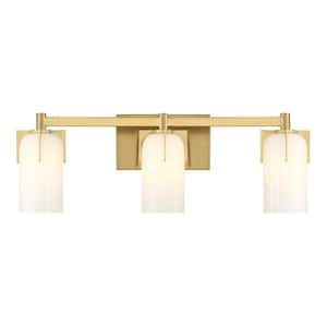 Caldwell 24 in. 3-Light Warm Brass Bathroom Vanity Light with Etched White Opal Glass Shades